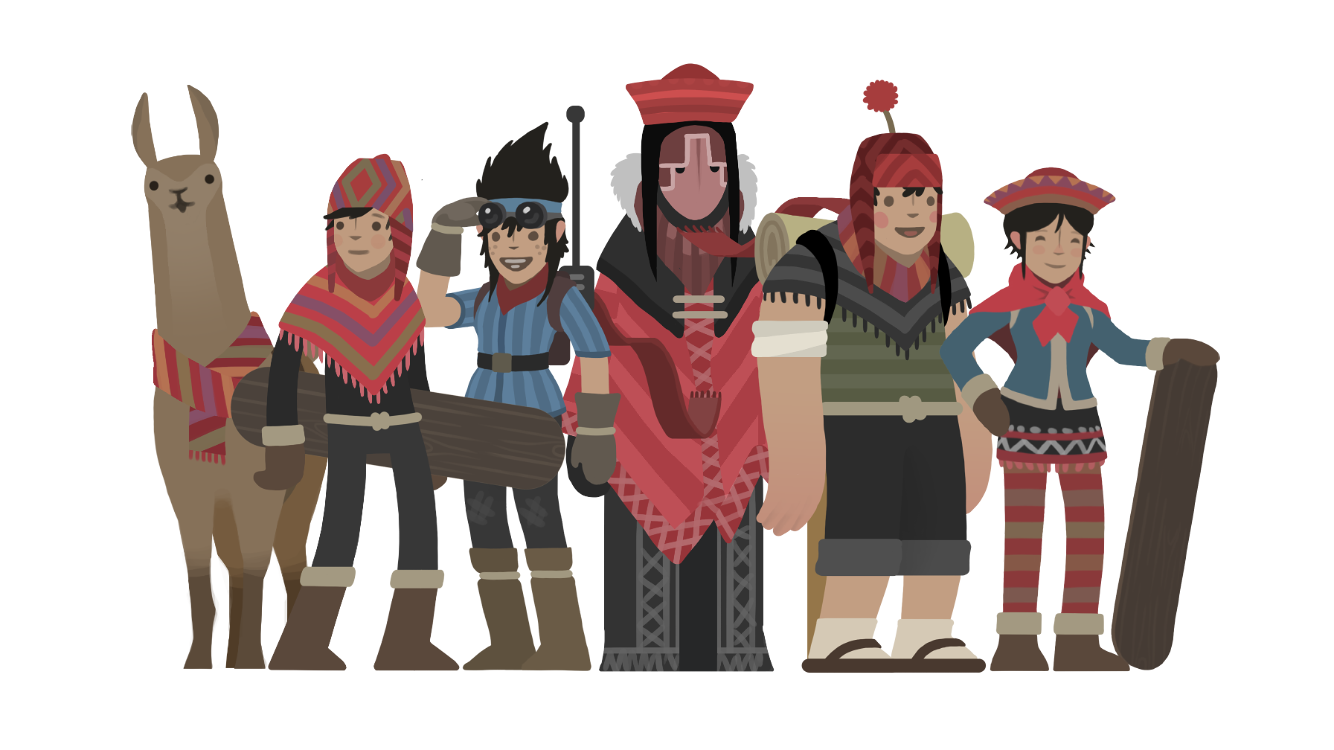 Alto's Adventure concept art showing 2D character designs in a cohesive illustration style across multiple characters