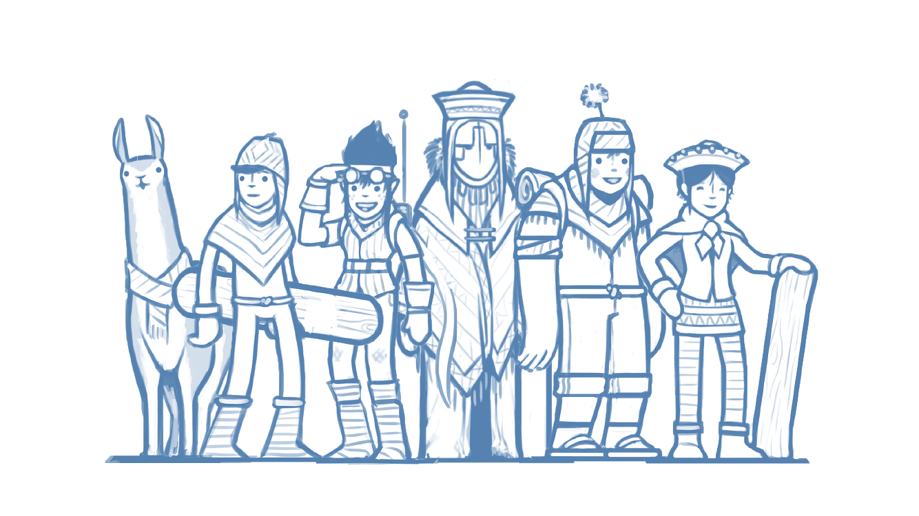 Alto's Adventure character concept sketches showing the 2D art development process from initial designs to final stylized characters