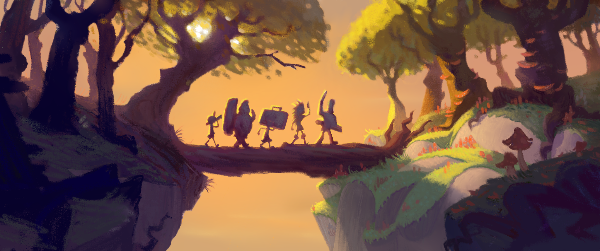 Sprite Fright group character concept art showing multiple stylized 3D characters in a single composition, illustrating how 3D character design differs from 2D sprite-based approaches