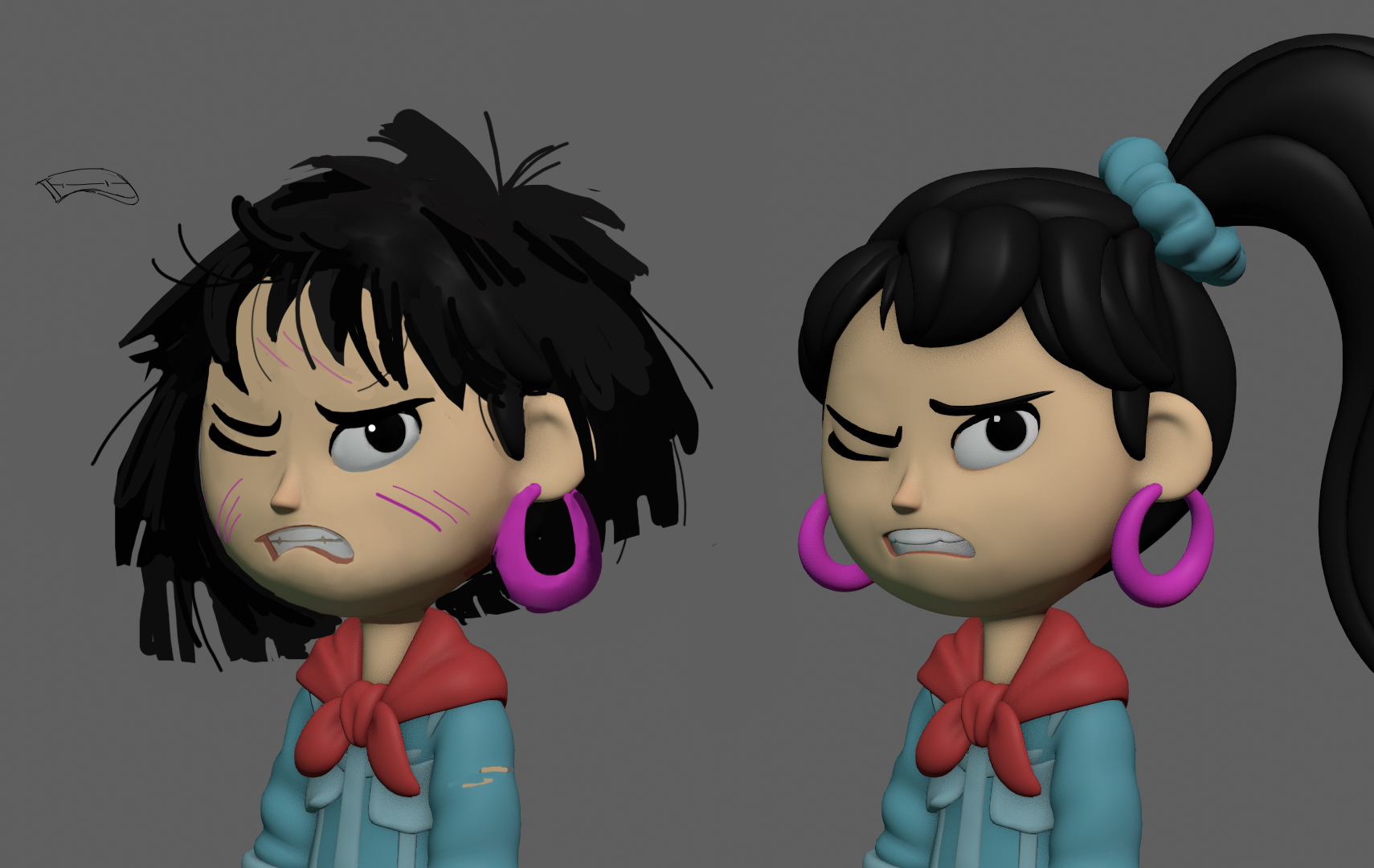 Ellie character concept art from Sprite Fright showing multiple poses and expressions - stylized 3D character design development by Blender Foundation