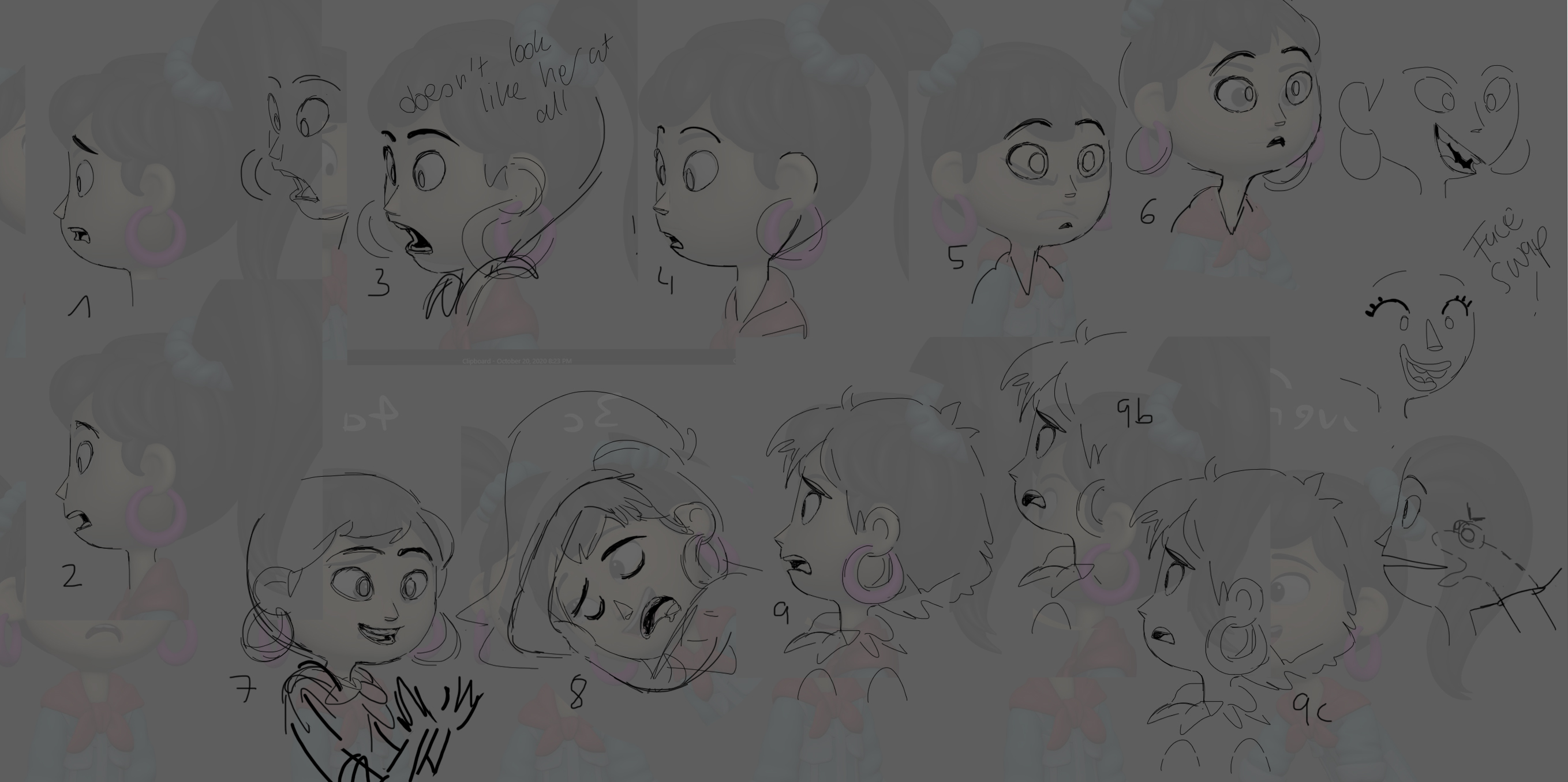 Stylized 3D character concept art of Ellie from Sprite Fright - showing the design exploration phase that precedes 3D production in professional animation pipelines