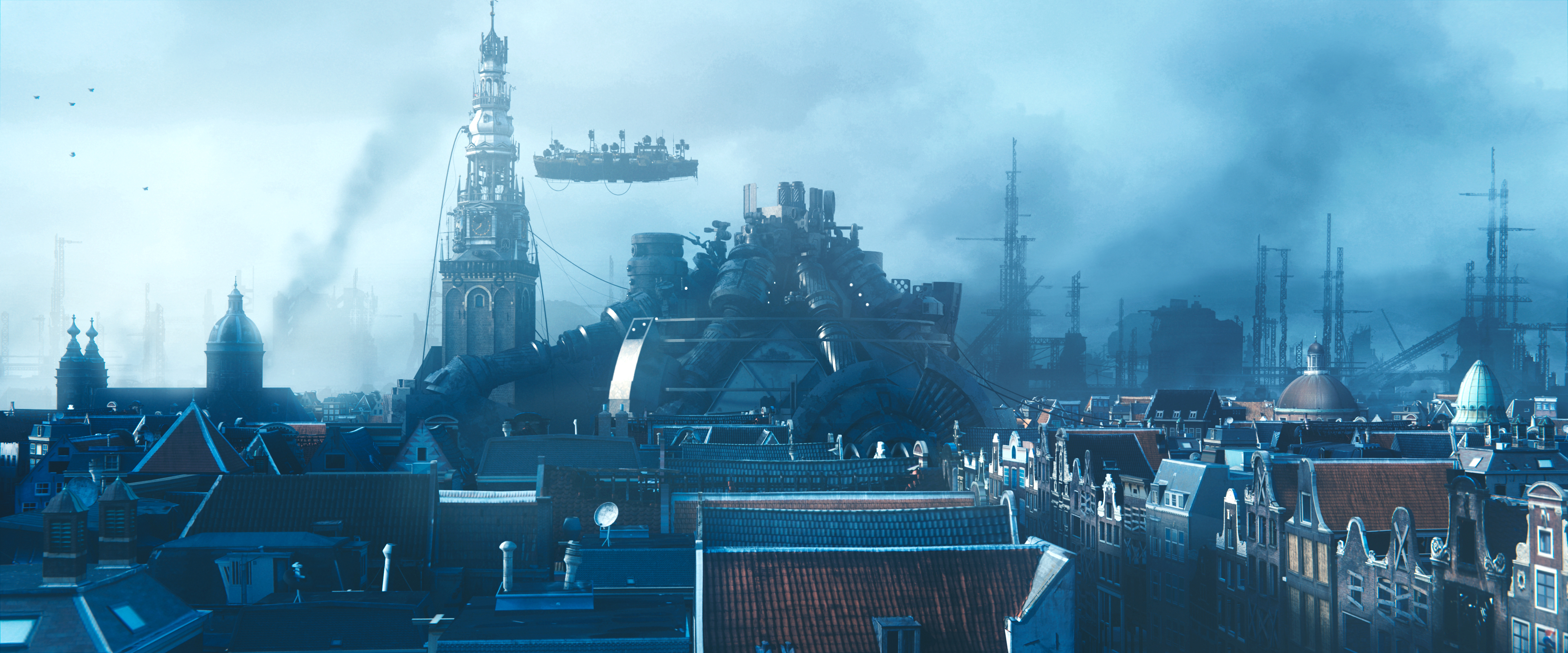 Cinematic wide shot of a futuristic dystopian cityscape with giant robots and a hovering craft above Amsterdam rooftops, from the Blender Foundation short film Tears of Steel