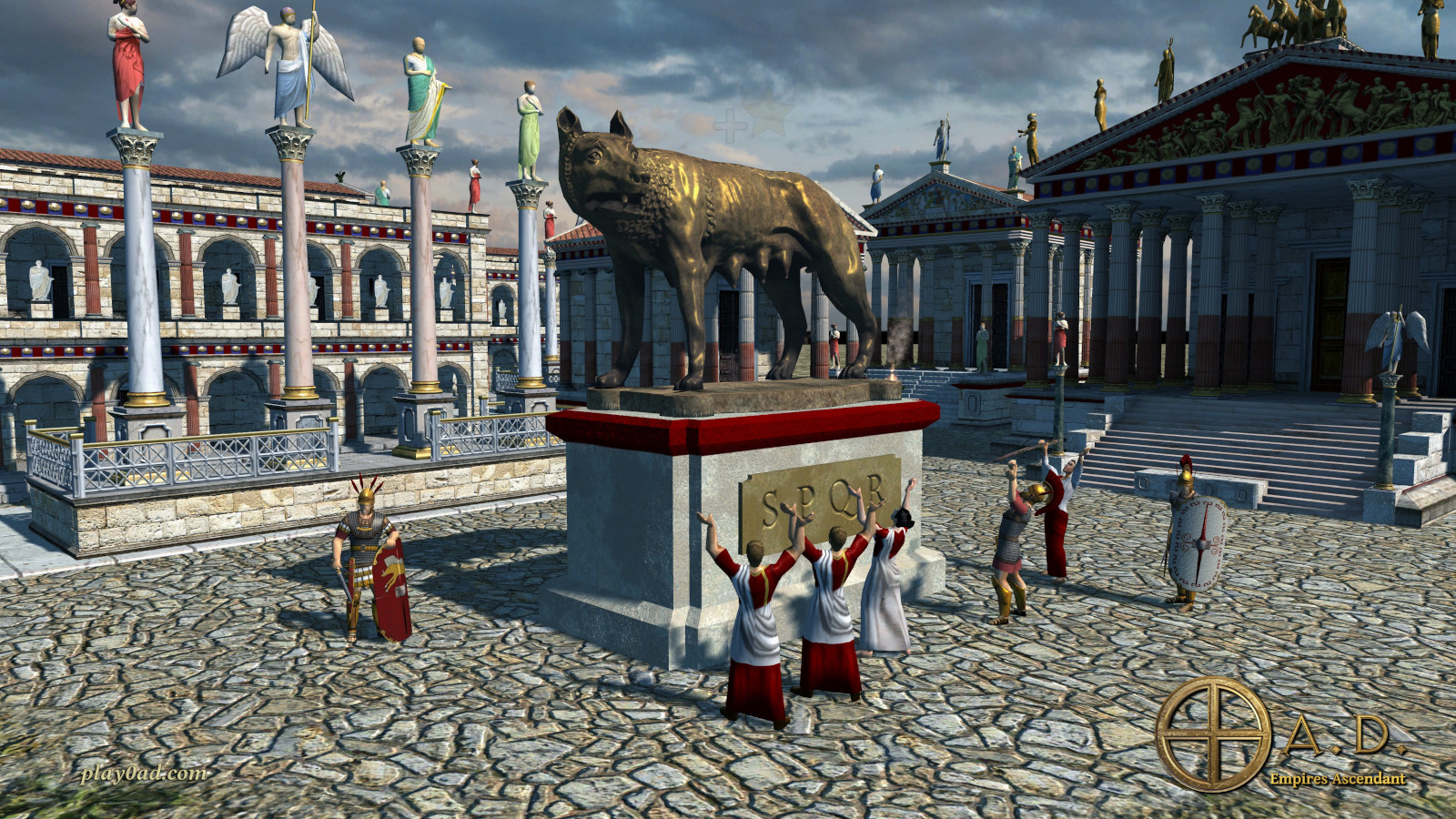 Detailed 3D game scene from 0 A.D. - Roman forum with character models, architectural props and monumental sculpture showing the multi-discipline complexity that defines AAA-level game art production