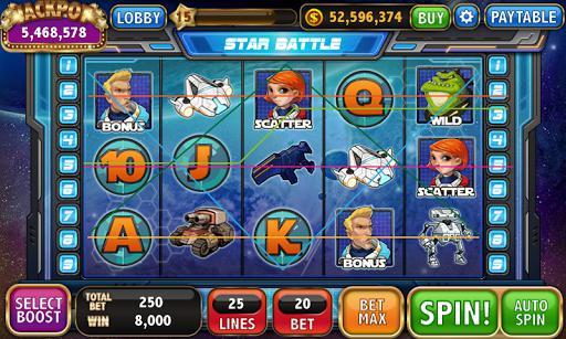 Sci-fi themed slot game showing character symbols and thematic color palette with space environment background