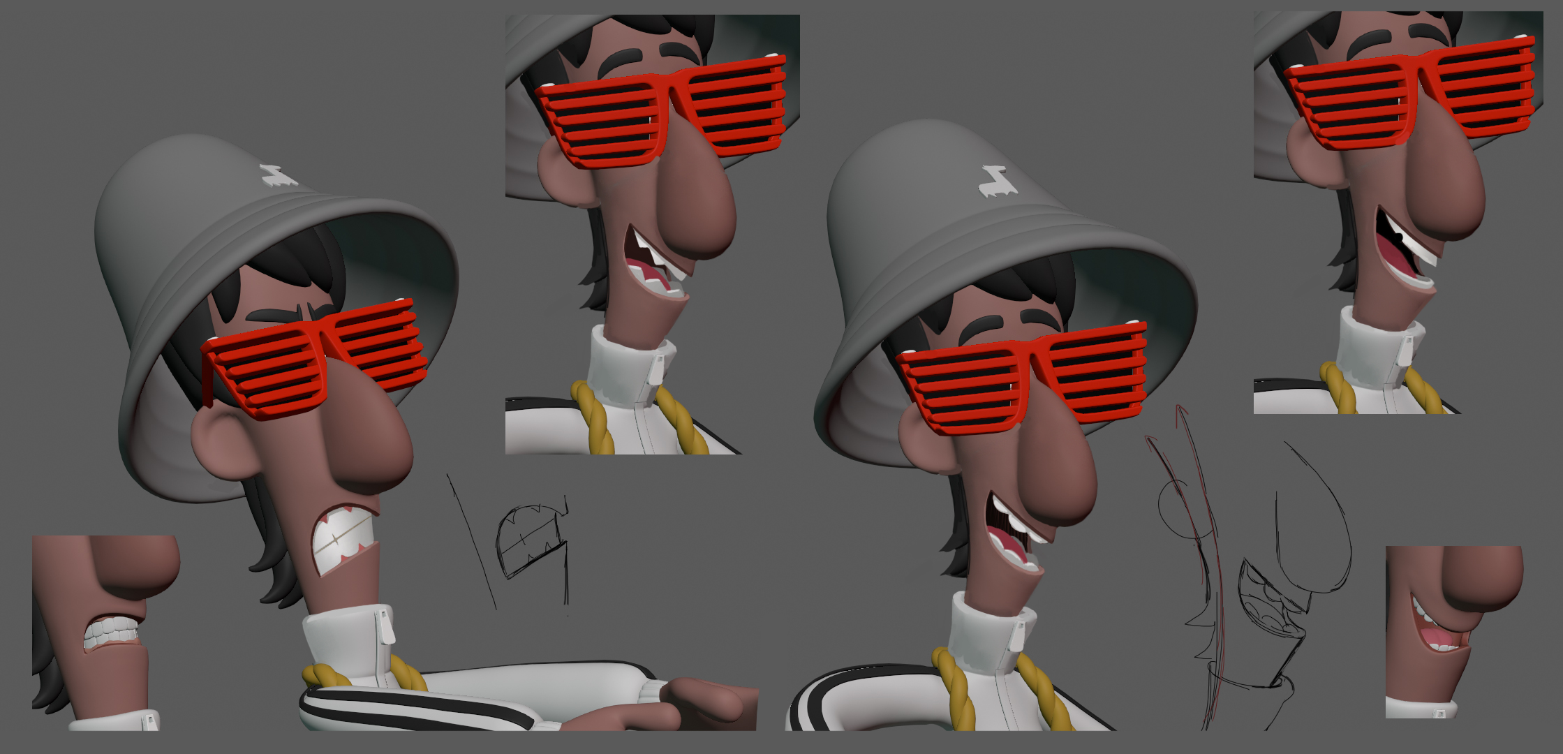VeeJay character concept art from Sprite Fright showing a stylized 3D character design sheet with multiple views - a polished final concept deliverable ready for production handoff