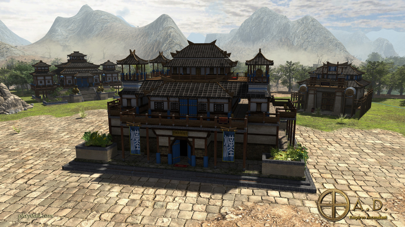 Detailed 3D architectural rendering from 0 A.D. - Han dynasty palace showcasing the cultural specificity and visual richness that game studios across Asia and Eastern Europe deliver for historical and fantasy projects
