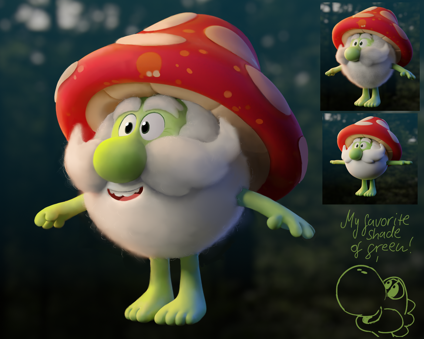 Stylized sprite character concept art from Sprite Fright showing expressive 3D character design - an example of the polished stylized output achievable from professional animation studios