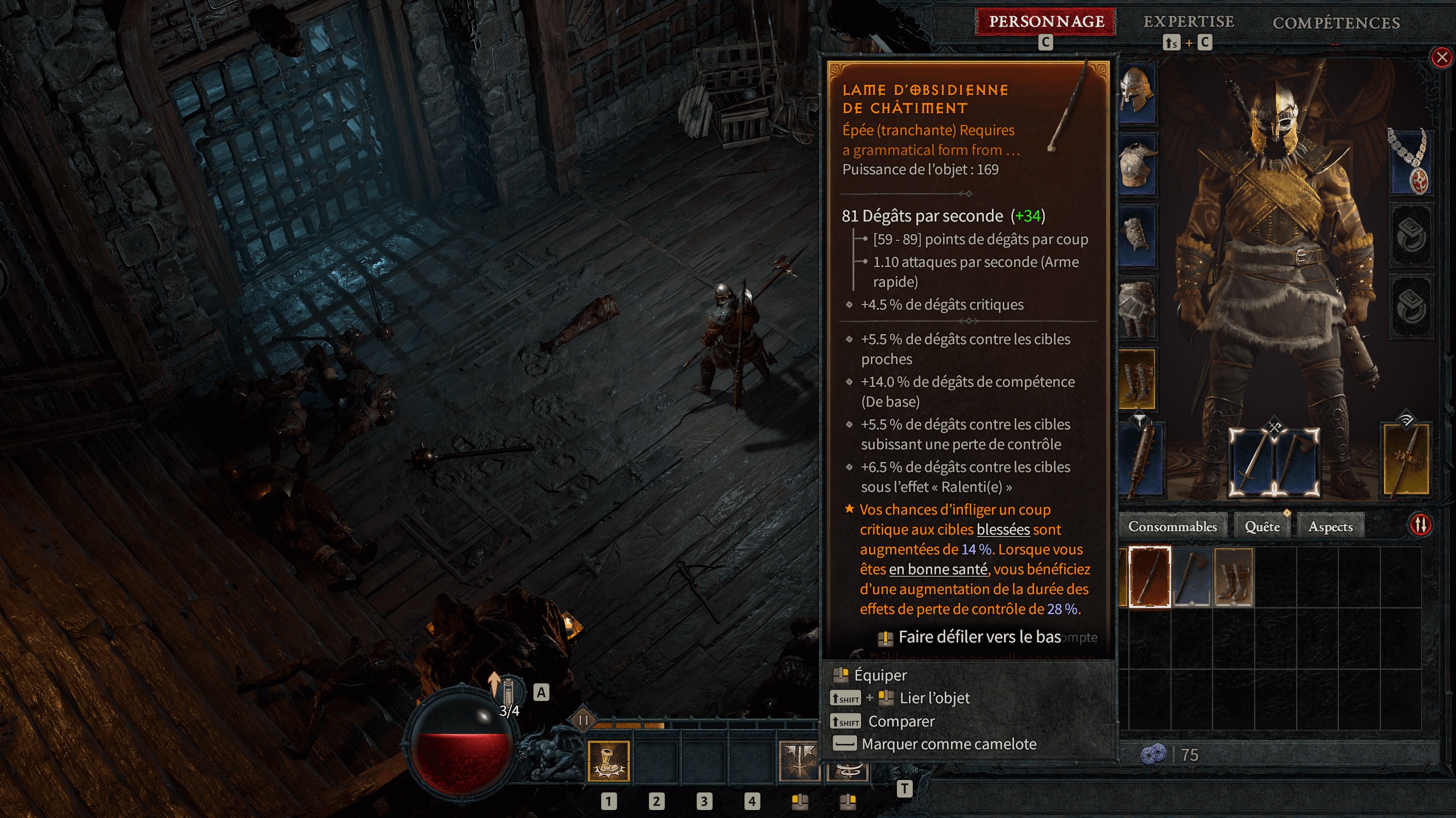 Diablo IV weapon inspection screen - detailed 3D asset with rich material work and UI framing showing the quality level accessible through professional game art outsourcing partnerships