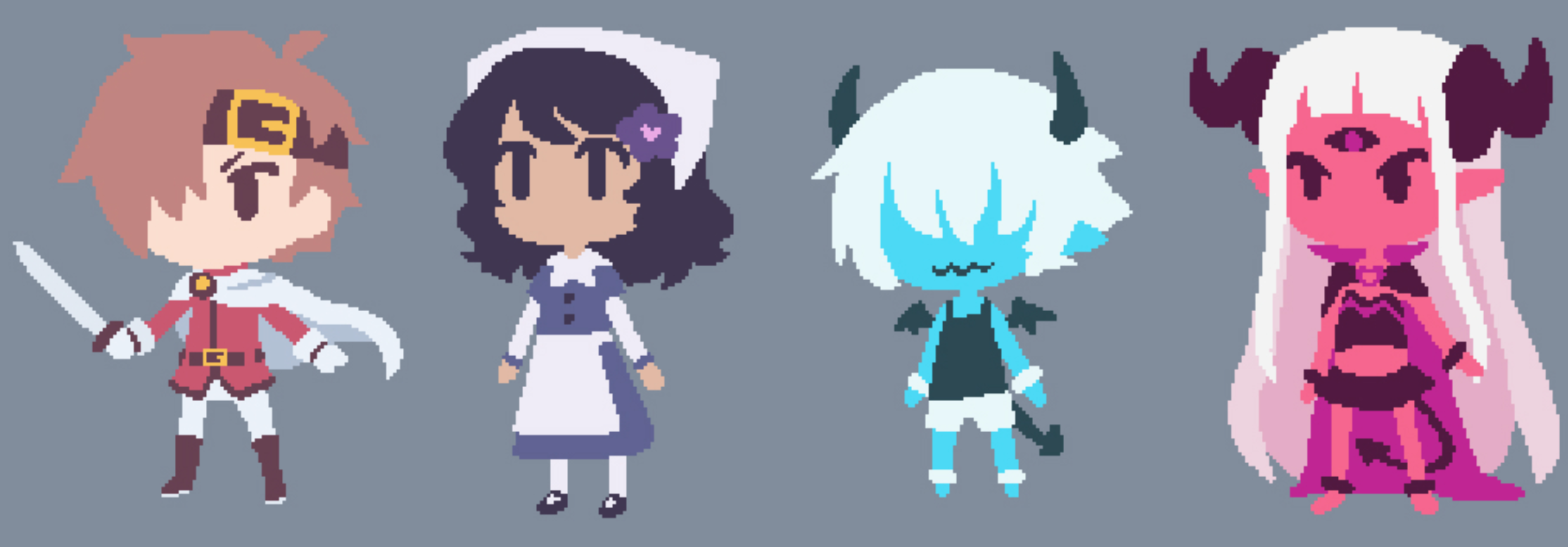 Bad End Theater character concept art showing professional 2D character design with distinct personalities, varied expressions and visual depth