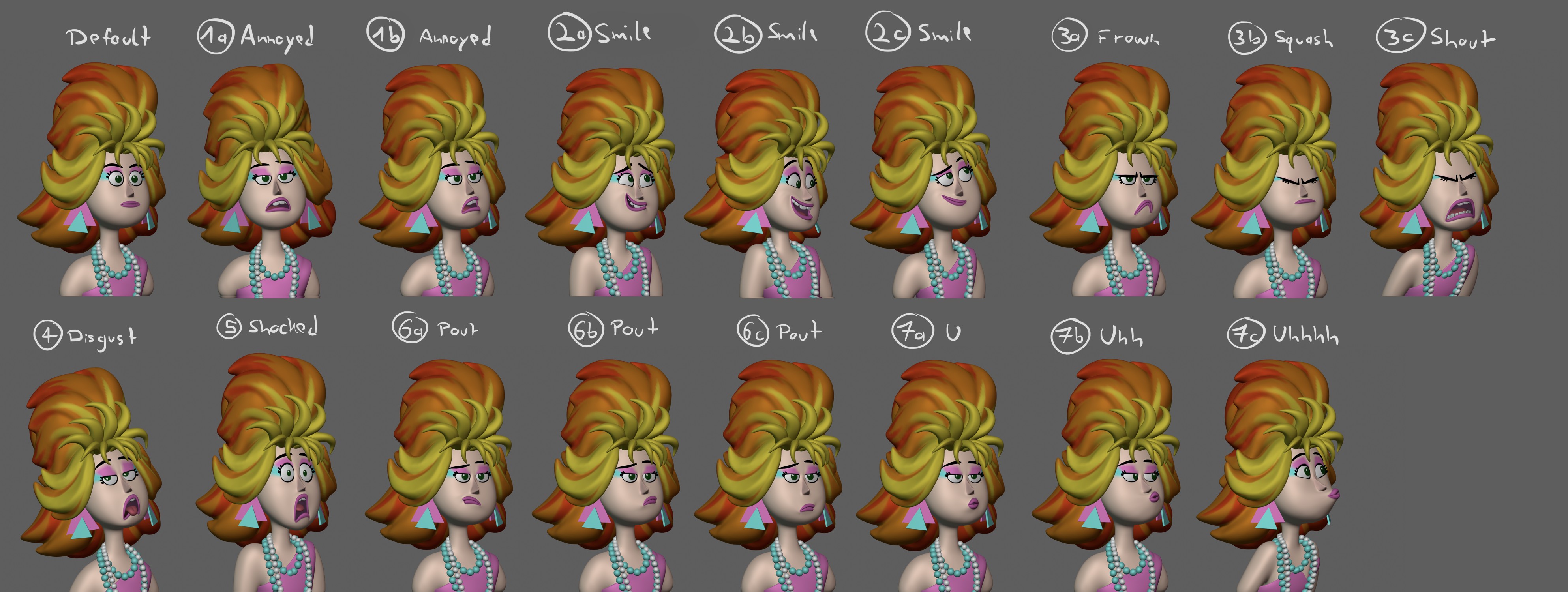 Professional 3D character sculpt expression sheet showing multiple facial poses - example of game character art outsourcing deliverable