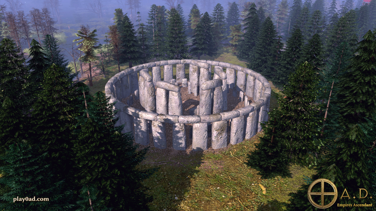 Atmospheric 3D game environment from 0 A.D. - ancient stone monument rendered with detailed landscape, volumetric fog and realistic lighting, demonstrating the environmental storytelling achievable in professional game art production