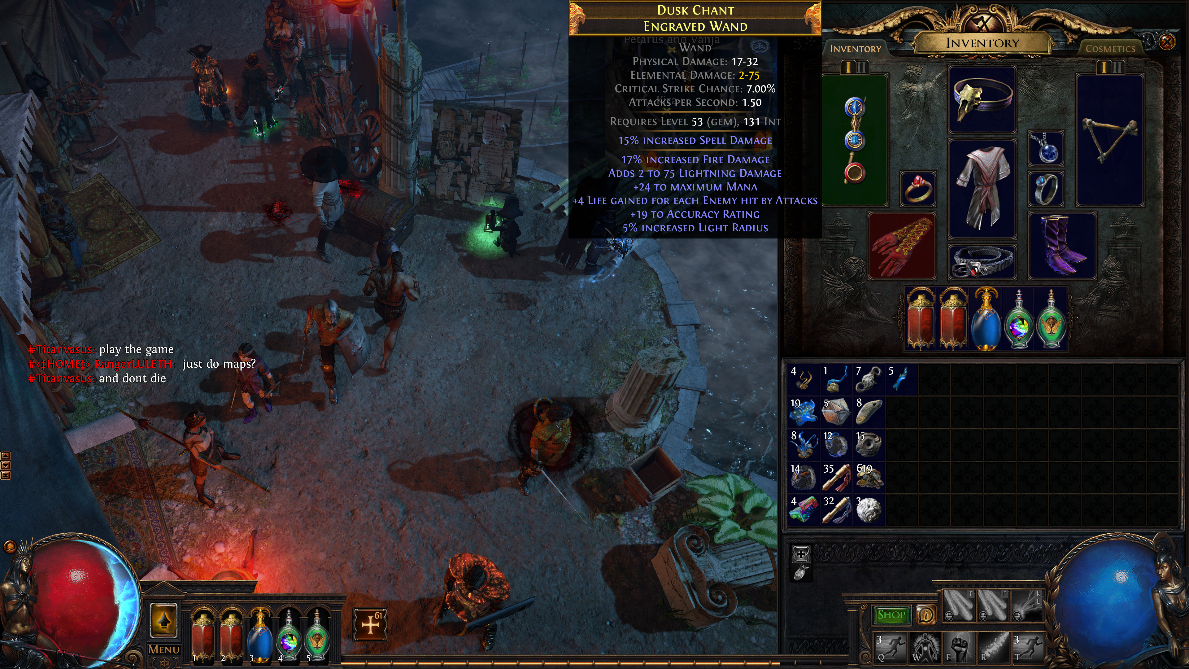 Path of Exile inventory screen - detailed item grid with crafted icons and frames showing the visual depth and production quality achievable in professional outsourced game UI art