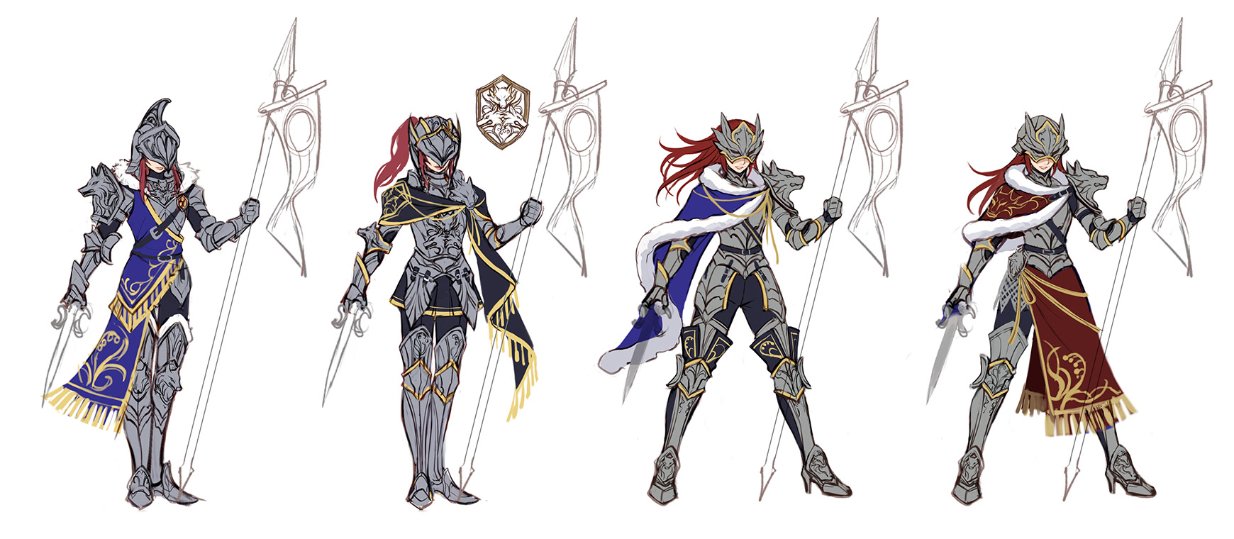 Fantasy knight concept art showing detailed character design with annotated visual references - the kind of precise brief reference that guides game art production