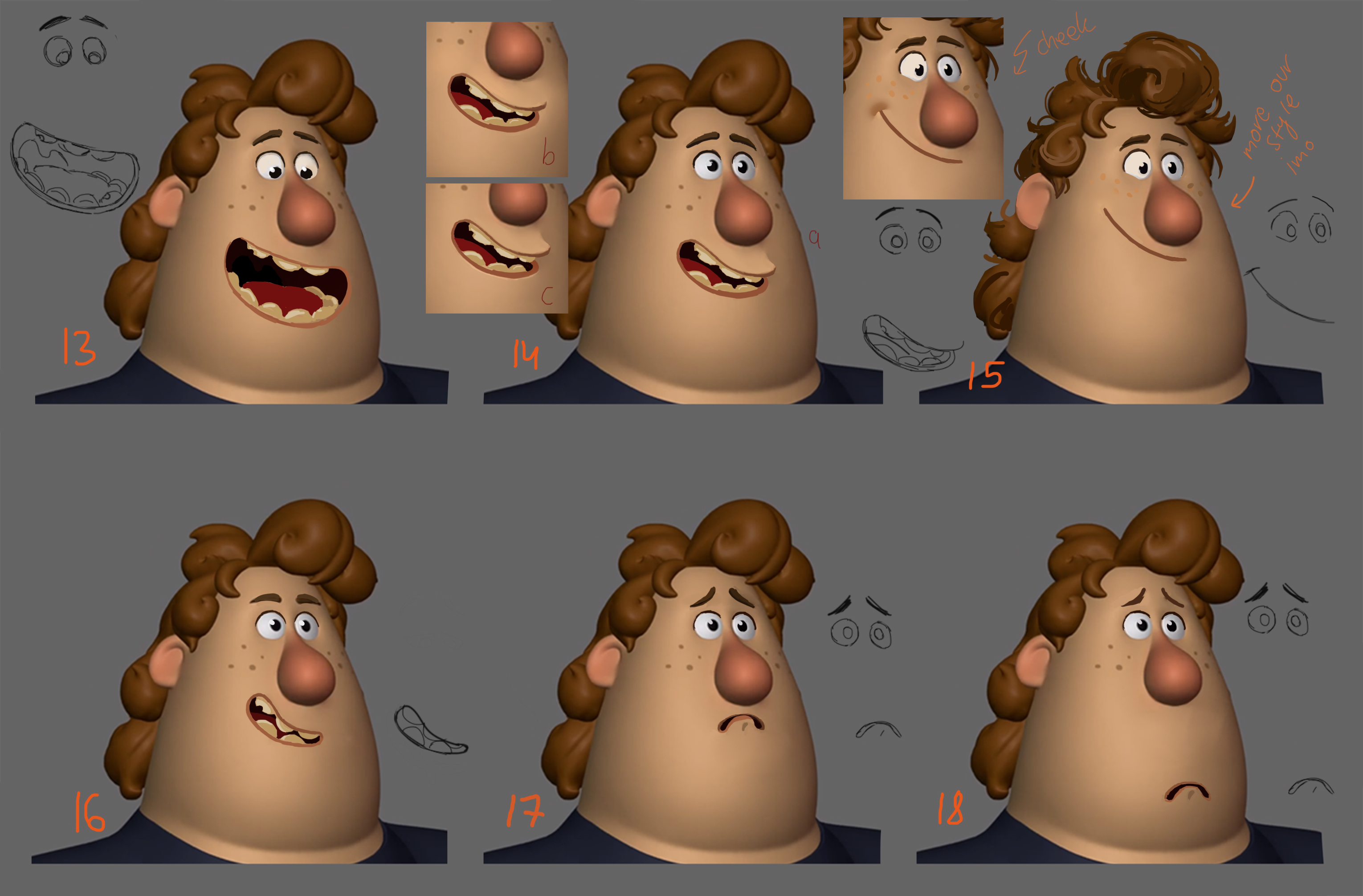 Sprite Fright character Phil concept art sheet showing multiple expressions and poses - professional 3D character design from Blender Studio