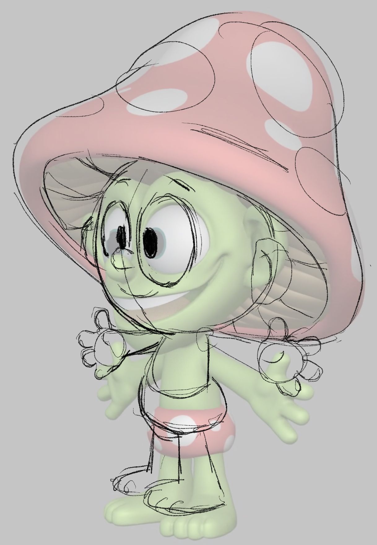 Sprite Fright character concept art showing detailed hand-drawn character design with multiple poses - illustrating professional concept art quality as a brief reference standard