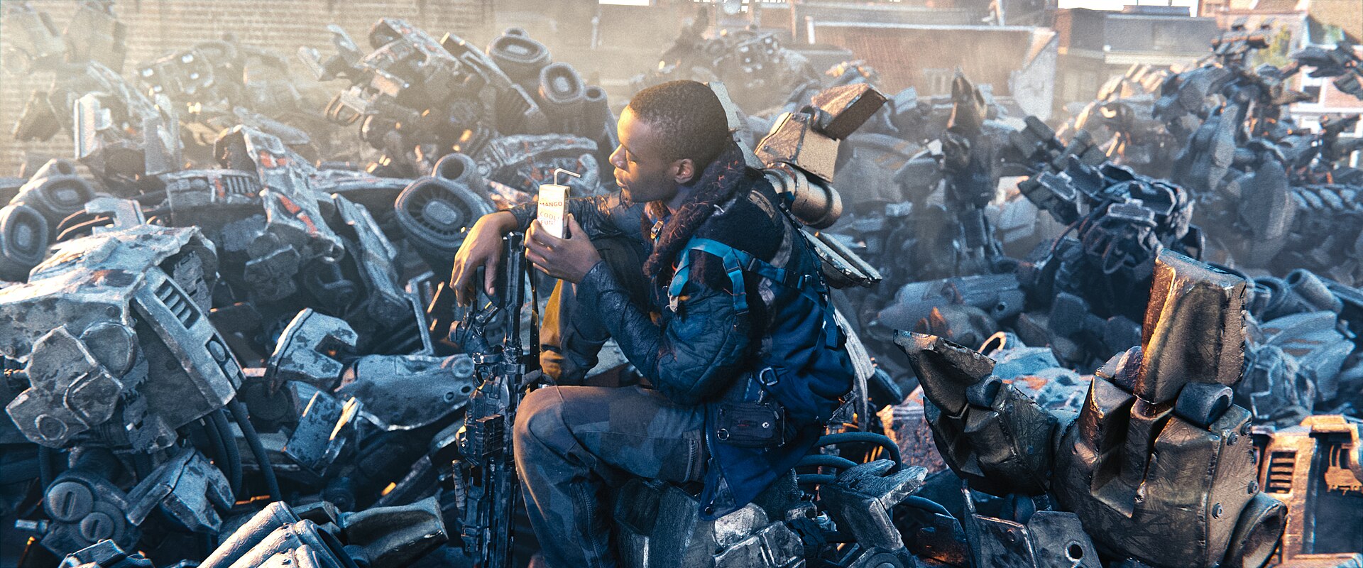 Tears of Steel cinematic frame showing photorealistic VFX integration - illustrating the production quality benchmark that informs high-end game art direction and reference standards