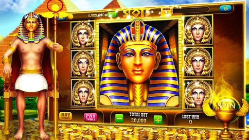 Egyptian pharaoh themed slot game showing 3x3 reel grid with high-value character symbols and immersive background environment