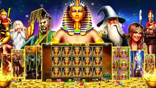 Casino game selection lobby showing multiple themed slot games with character art, background environments, and distinct visual identities