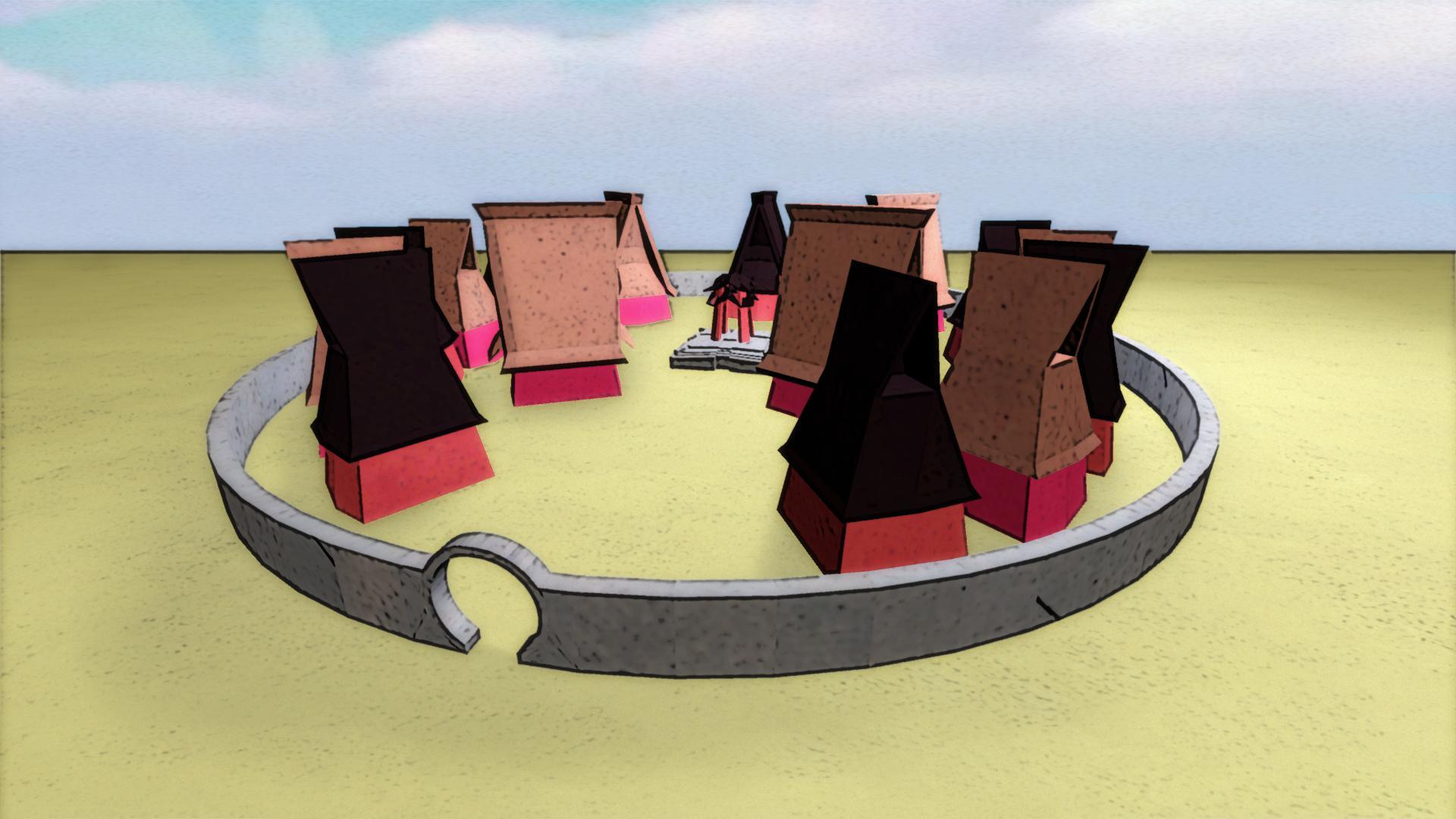 Cel-shaded game environment with bold flat colors and strong silhouettes in Japanese art style