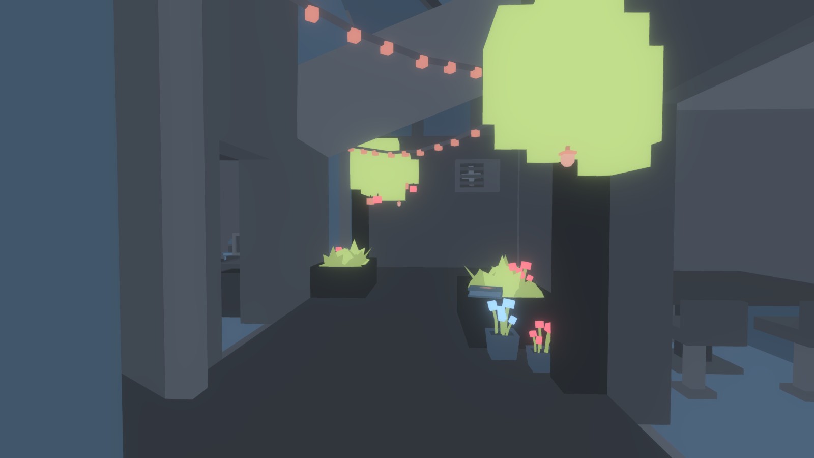 Low poly 3D interior with flat faceted geometry, soft lighting and minimal texture detail